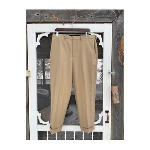 Lands' End Traditional Fit Trousers Flat Front Tan 100% Cotton Cuffed Sz 37